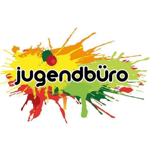 Ein farbenfrohes Logo mit dem Wort 'Jugendburo' in fetten schwarzen Buchstaben, umgeben von roten, gelben und grünen Farbspritzern auf weißem Hintergrund.
