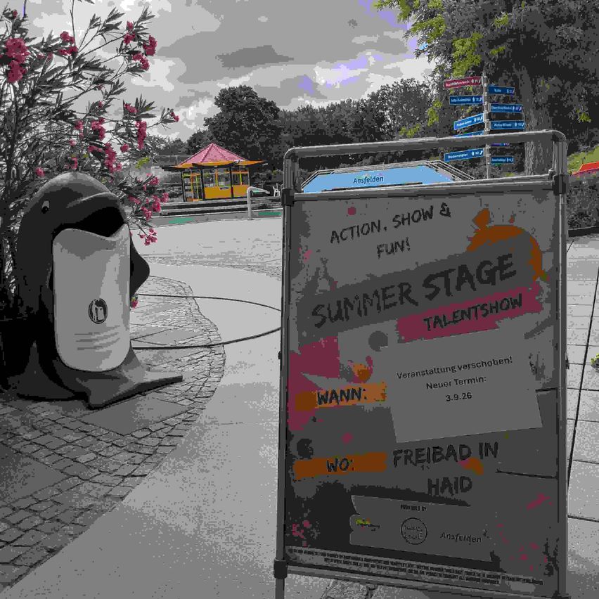 Ein Schild für ein Sommer-Bühnen-Talentshow steht draußen auf einem Ständer. Eine Delfinstatue ist in der Nähe. Das Schild hat ein farbenfrohes Design mit dem Text 'Sommer Stage Talentshow'. Der Hintergrund zeigt einen Weg mit einem kleinen Gebäude und Bäumen.