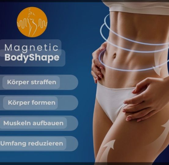 Eine Werbung für Magnetic BodyShape zeigt die Taille einer Frau mit nach innen weisenden Pfeilen, die die Schlankheitseffekte hervorheben. Der Text umfasst 'Körper straffen,' 'Körper formen,' 'Muskeln aufbauen' und 'Umfang reduzieren.' Der Hintergrund ist blau mit einem weißen Rand.