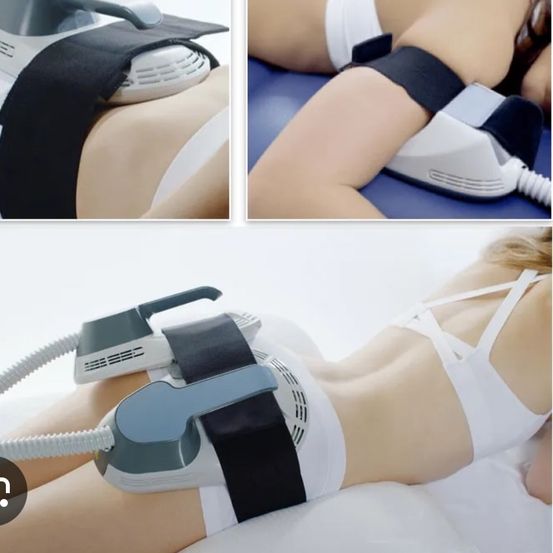 Drei Bilder zeigen eine Frau, die ein schwarzes und weißes Gerät an ihren Oberschenkeln und ihrem Bauch benutzt. Sie liegt auf einer blauen Oberfläche und trägt weiße Unterwäsche und einen weißen BH.