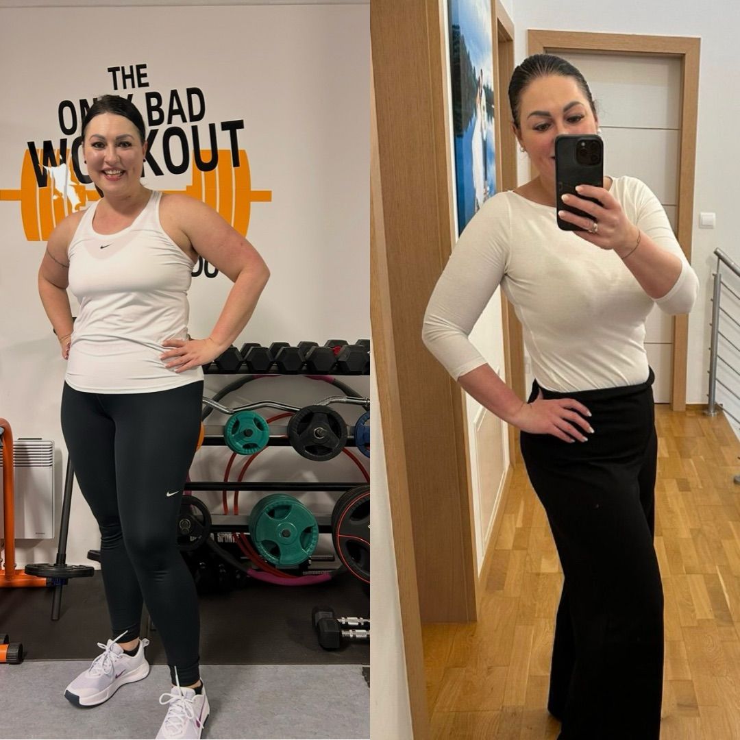 Zwei Bilder einer Frau, eines im Fitnessstudio und eines, wie sie in einem Flur ein Selfie macht. Das Bild aus dem Fitnessstudio zeigt sie vor einer Wand mit einem Langhantel. Das Selfie-Bild zeigt sie in einem weißen Oberteil und schwarzen Hosen.