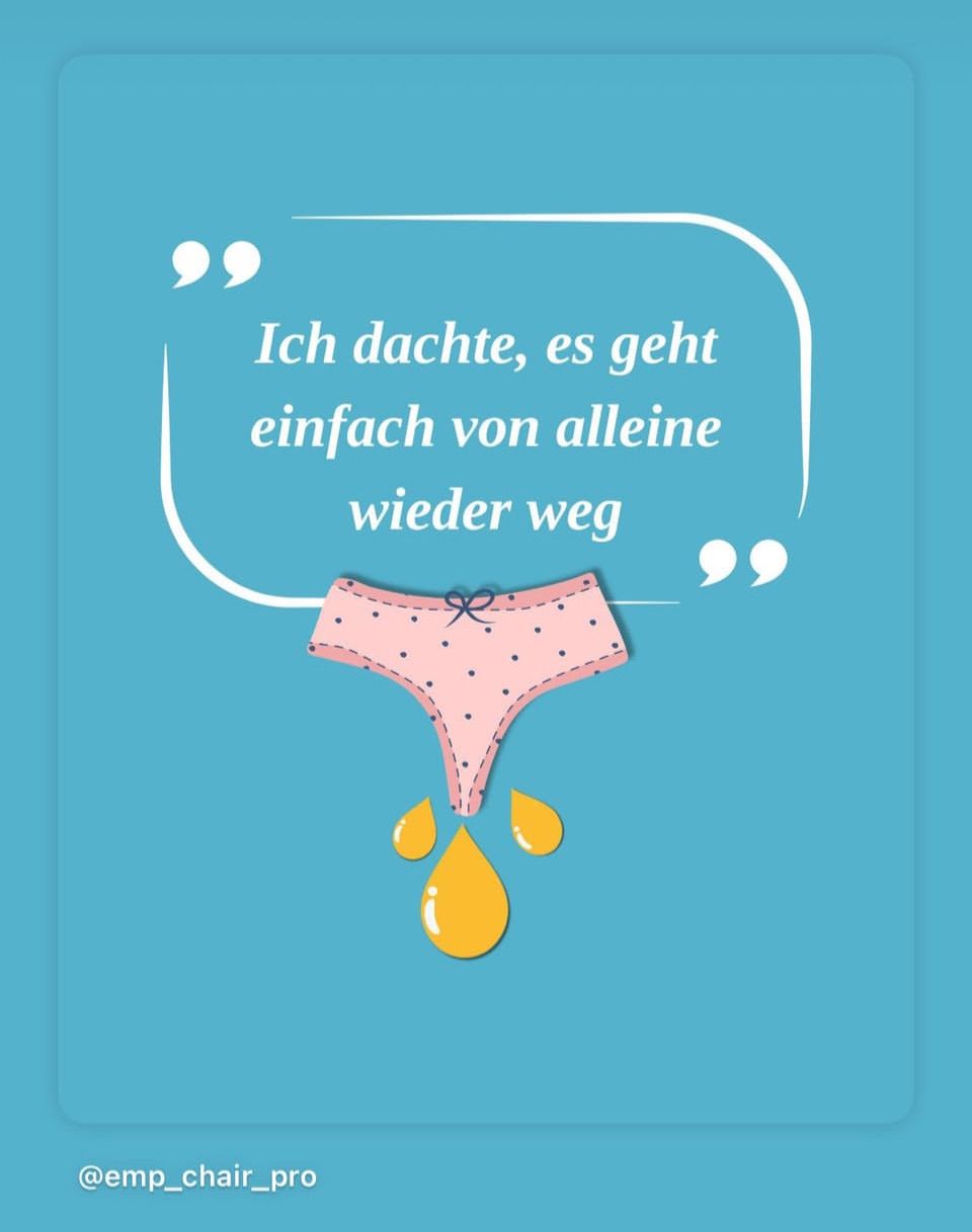 Ein blauer Hintergrund mit einer Sprechblase, die einen deutschen Zitat enthält. Unterhalb der Sprechblase ist eine rosa Unterwäsche mit Punkten abgebildet, und zwei gelbe Tropfen fallen davon ab.