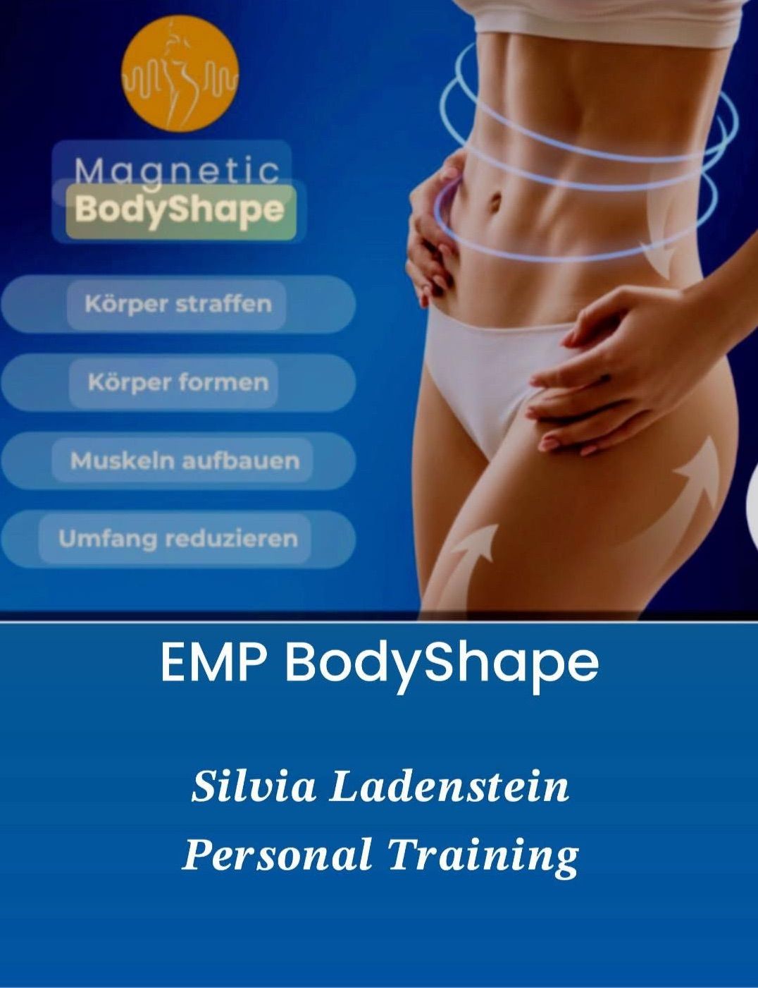 Werbung für EMP BodyShape mit einer Frau in weißer Unterwäsche, blaue Linien und Pfeile zeigen Körperformung und Muskelaufbau. Der Text enthält Vorteile wie Straffung, Formung, Muskelaufbau und Umfangsreduzierung.