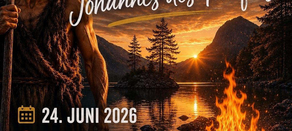Ein Bild eines Mannes, der einen Speer hält, mit Text über das höchste Fest von Johannes dem Täufer, 24. Juni 2026 um 18:30 Uhr.