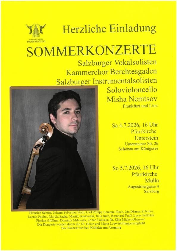 Poster for Salzburg Summer Concerts featuring Misha Nemtsov, a solo cellist, with details of the performance dates, locations, and a list of composers.