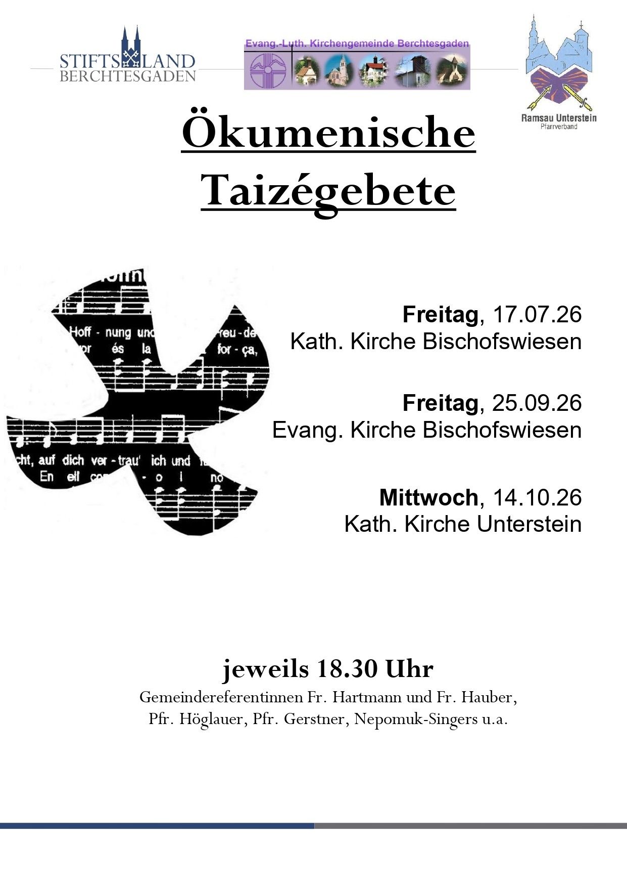 A flyer for the ecumenical choir Taizégebete, showing a musical note and dates of events at different locations. Scheduled times are 18:30. The choir is led by Fr. Hartmann and Fr. Hauber.