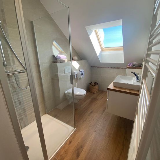Ein Badezimmer mit Dusche, Toilette und Waschbecken. Das Badezimmer hat Holzboden und ein Dachfenster mit Blick auf den Himmel.