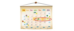 Ein Kalender mit den Wochentagen von Sonntag bis Samstag, wobei die Nummer 15 orange hervorgehoben und ein Palmenbaum-Symbol vorhanden ist.