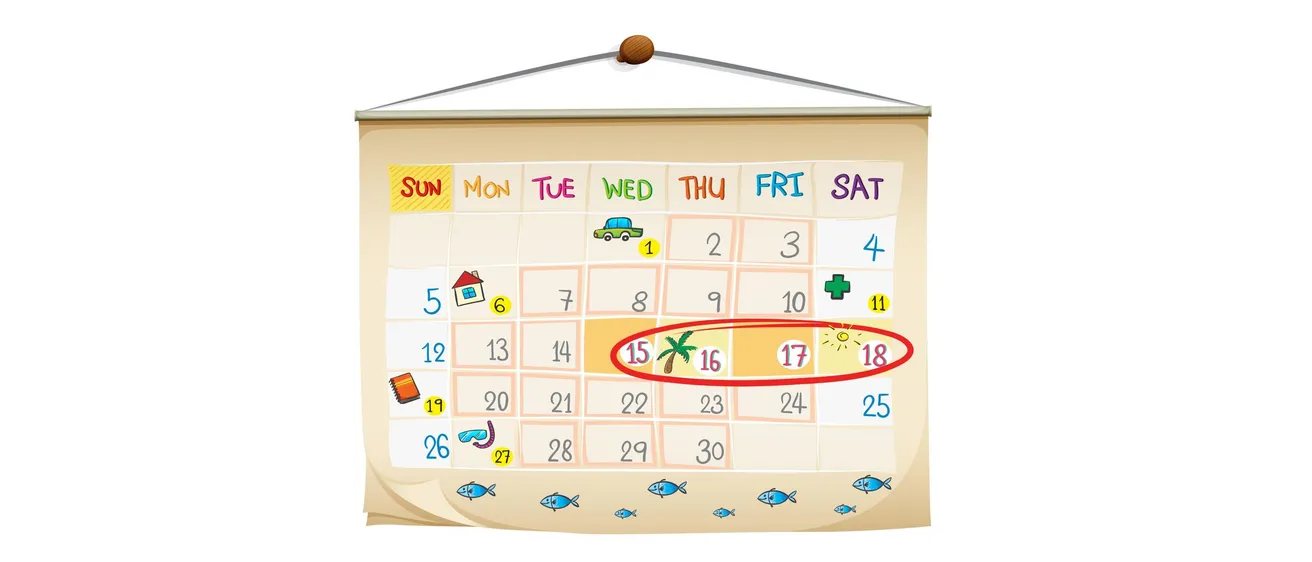 Ein Kalender mit den Wochentagen von Sonntag bis Samstag, wobei die Nummer 15 orange hervorgehoben und ein Palmenbaum-Symbol vorhanden ist.