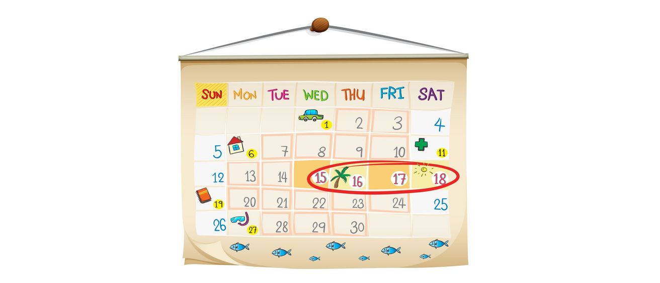 Ein Kalender mit den Wochentagen von Sonntag bis Samstag, wobei die Nummer 15 orange hervorgehoben und ein Palmenbaum-Symbol vorhanden ist.