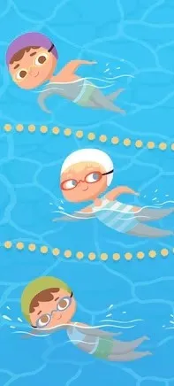Drei Kinder schwimmen in einem Freibad mit Bahnmarkierungen. Jedes Kind trägt Schwimmbrillen und Schwimmkappen. Sie schwimmen in den Bahnen, die durch gelbe Punkte markiert sind.