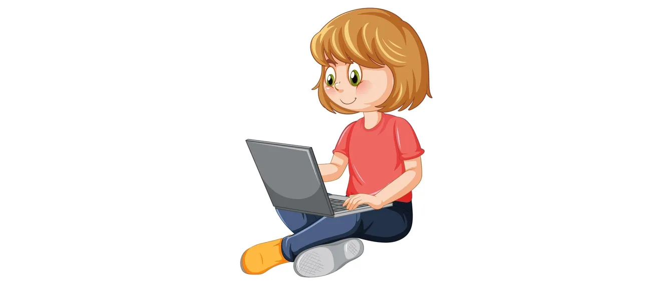 Ein junges Mädchen sitzt auf dem Boden und benutzt einen Laptop, lächelt und trägt ein rotes T-Shirt und blaue Hose.