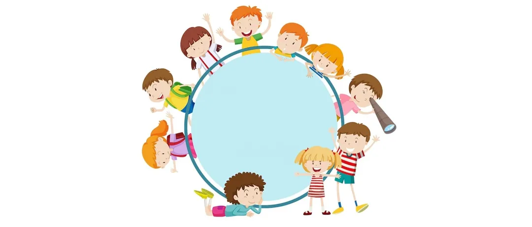 Eine kreisförmige Illustration zeigt Kinder, die auf einem blauen Kreis stehen und sich darauf lehnen und selbst einen Kreis bilden. Einige schauen eine Mädchen in der Mitte an.