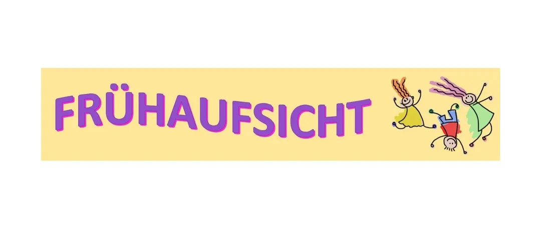 Ein gelbes Banner mit lila Text, der 'FRUHAUSSICH' liest, zeigt ein Cartoonbild von zwei Kindern, die mit einem Wagen rennen. Der Hintergrund ist weiß.