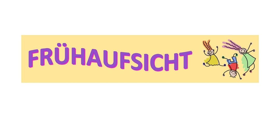 Ein gelbes Banner mit lila Text, der 'FRUHAUSSICH' liest, zeigt ein Cartoonbild von zwei Kindern, die mit einem Wagen rennen. Der Hintergrund ist weiß.