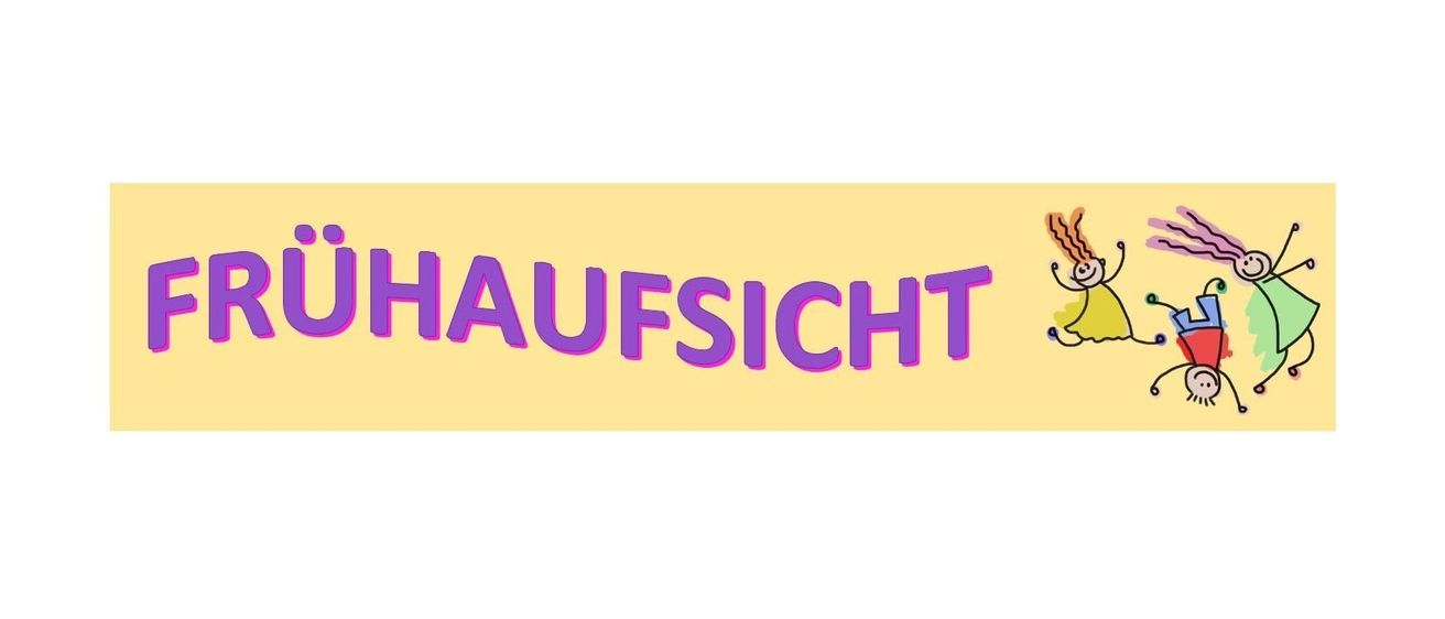 Ein gelbes Banner mit lila Text, der 'FRUHAUSSICH' liest, zeigt ein Cartoonbild von zwei Kindern, die mit einem Wagen rennen. Der Hintergrund ist weiß.