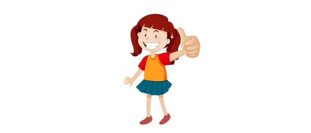 Eine Cartoon-Mädchen mit roten Haaren und einem gelben T-Shirt gibt einen Daumen hoch. Sie trägt einen blauen Rock und rote Schuhe.