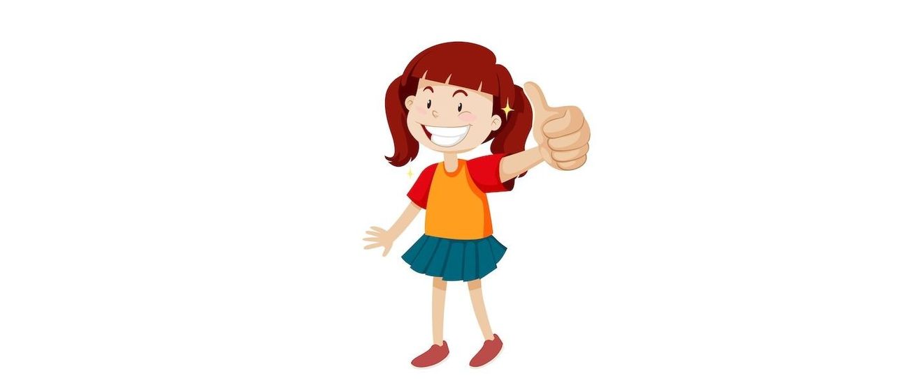 Eine Cartoon-Mädchen mit roten Haaren und einem gelben T-Shirt gibt einen Daumen hoch. Sie trägt einen blauen Rock und rote Schuhe.