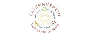 Ein kreisförmiges Logo für den Elternverein Olkschule Haid, das eine Sonne und ein Herz zeigt, mit Text in einem Spiralmuster darum herum.