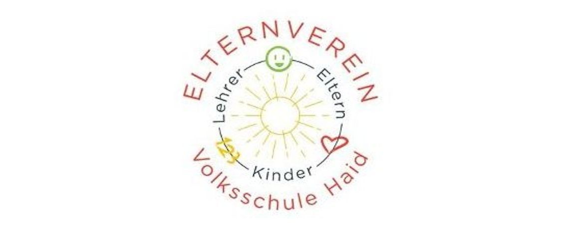 Ein kreisförmiges Logo für den Elternverein Olkschule Haid, das eine Sonne und ein Herz zeigt, mit Text in einem Spiralmuster darum herum.