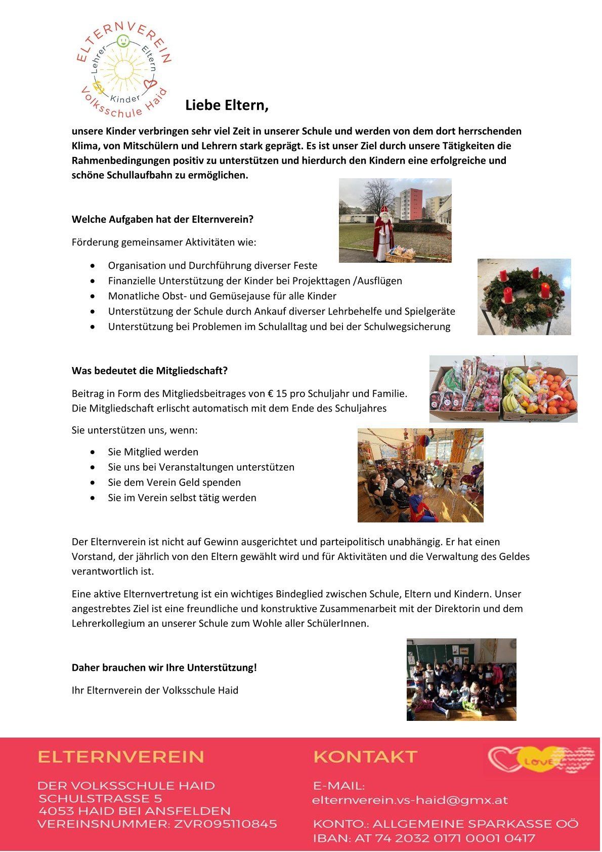 Ein Bild zeigt einen Flyer des Elternvereins der Volksschule Haid, der ihre Aufgaben, Mitgliedervorteile und die Bedeutung der elterlichen Beteiligung beschreibt. Es hebt die Ziele des Vereins und die Vorteile der Mitgliedschaft hervor.