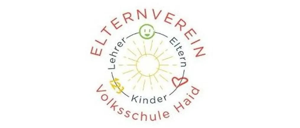 Ein kreisförmiges Logo mit den Worten 'Elternverein' und 'Kinderschule Heide' in der Mitte, umgeben von verschiedenen Symbolen und einer grünen Sonne. Das Logo steht auf einem weißen Hintergrund.