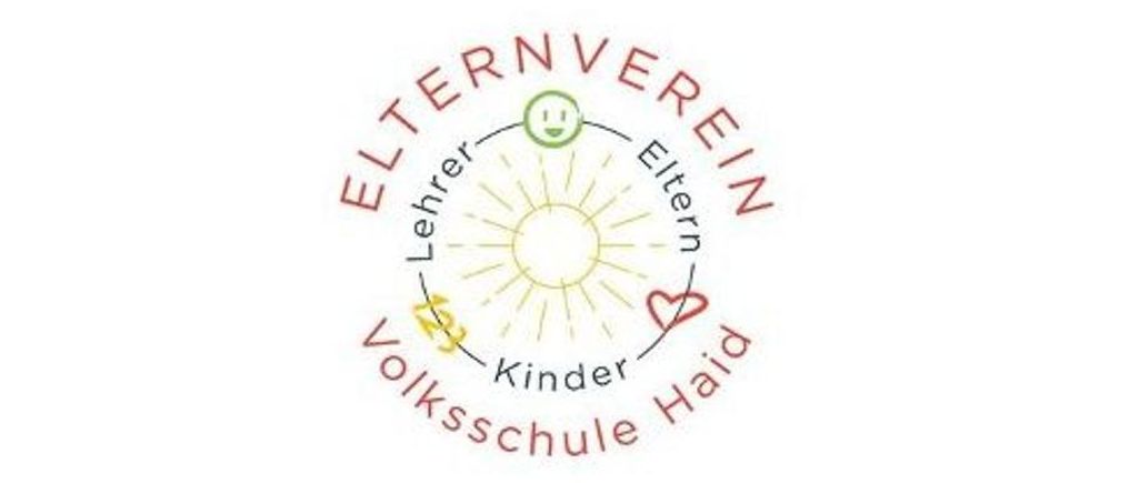 Ein kreisförmiges Logo mit den Worten 'Elternverein' und 'Kinderschule Heide' in der Mitte, umgeben von verschiedenen Symbolen und einer grünen Sonne. Das Logo steht auf einem weißen Hintergrund.