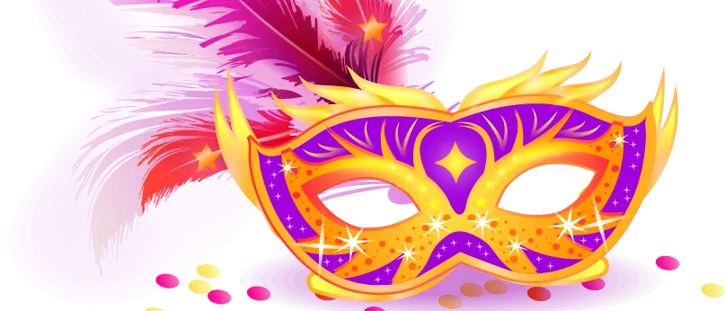 Eine farbenfrohe, verzierte Maske mit gelben und lila Akzenten und Sternen wird auf schwarzem Hintergrund zusammen mit einer rosa Feder und bunten Konfetti gezeigt.