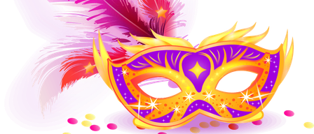 Eine farbenfrohe, verzierte Maske mit gelben und lila Akzenten und Sternen wird auf schwarzem Hintergrund zusammen mit einer rosa Feder und bunten Konfetti gezeigt.