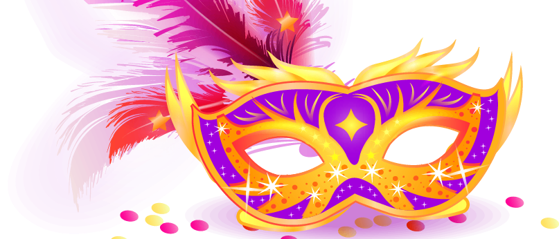 Eine farbenfrohe, verzierte Maske mit gelben und lila Akzenten und Sternen wird auf schwarzem Hintergrund zusammen mit einer rosa Feder und bunten Konfetti gezeigt.