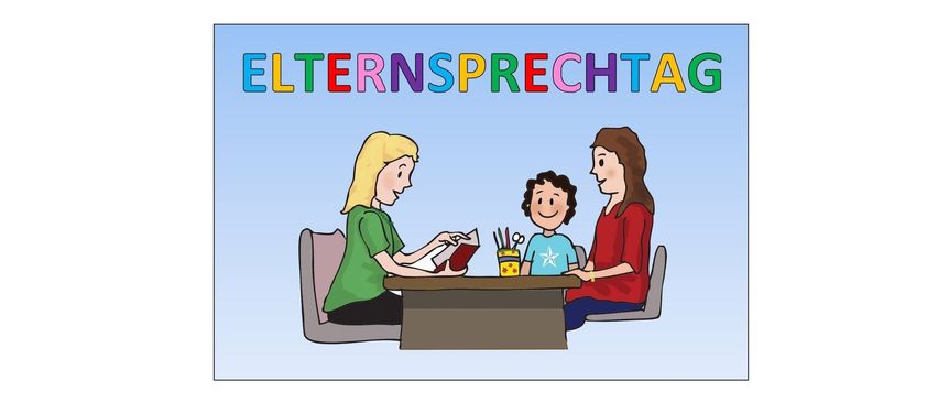 Illustration von zwei Frauen und einem Kind, die an einem Tisch sitzen, mit 'ELTERNSPRECHTAG' in bunten Buchstaben oben.