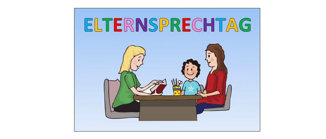 Illustration von zwei Frauen und einem Kind, die an einem Tisch sitzen, mit 'ELTERNSPRECHTAG' in bunten Buchstaben oben.