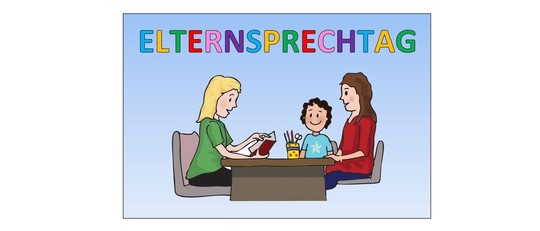Illustration von zwei Frauen und einem Kind, die an einem Tisch sitzen, mit 'ELTERNSPRECHTAG' in bunten Buchstaben oben.