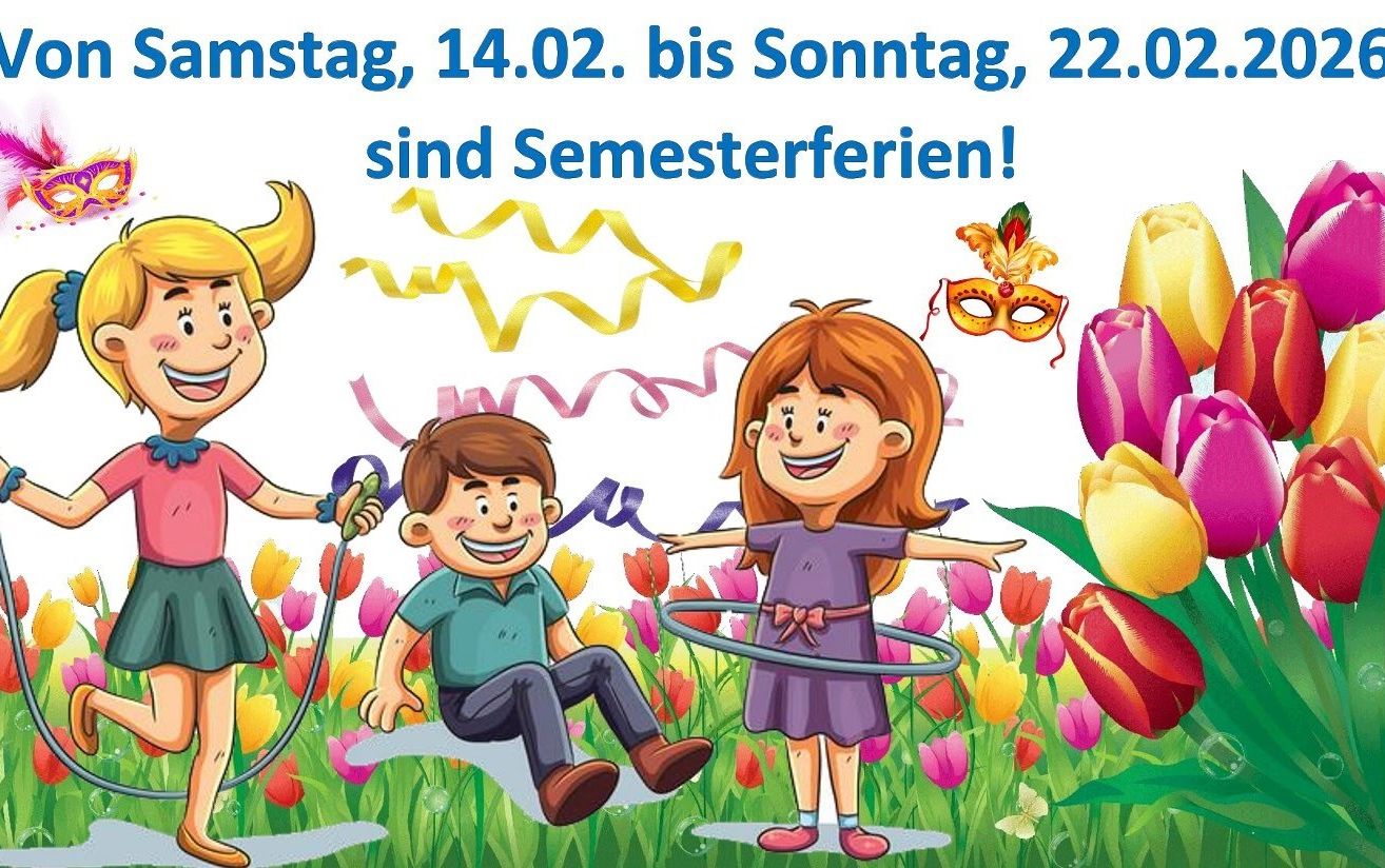 Illustration of kids in a field of flowers, with text stating the semester break from 14th Feb to 22nd Feb.