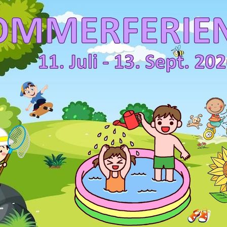 Illustration von Kindern, die in einem Pool spielen, wobei ein Junge eine Gießkanne hält und ein anderes Mädchen im Pool ist. Das Bild zeigt auch einen Jungen, der Skateboard fährt, und eine Biene am Himmel. Der Text lautet 'Sommerferien 11. Juli - 13. Sept. 2022'.