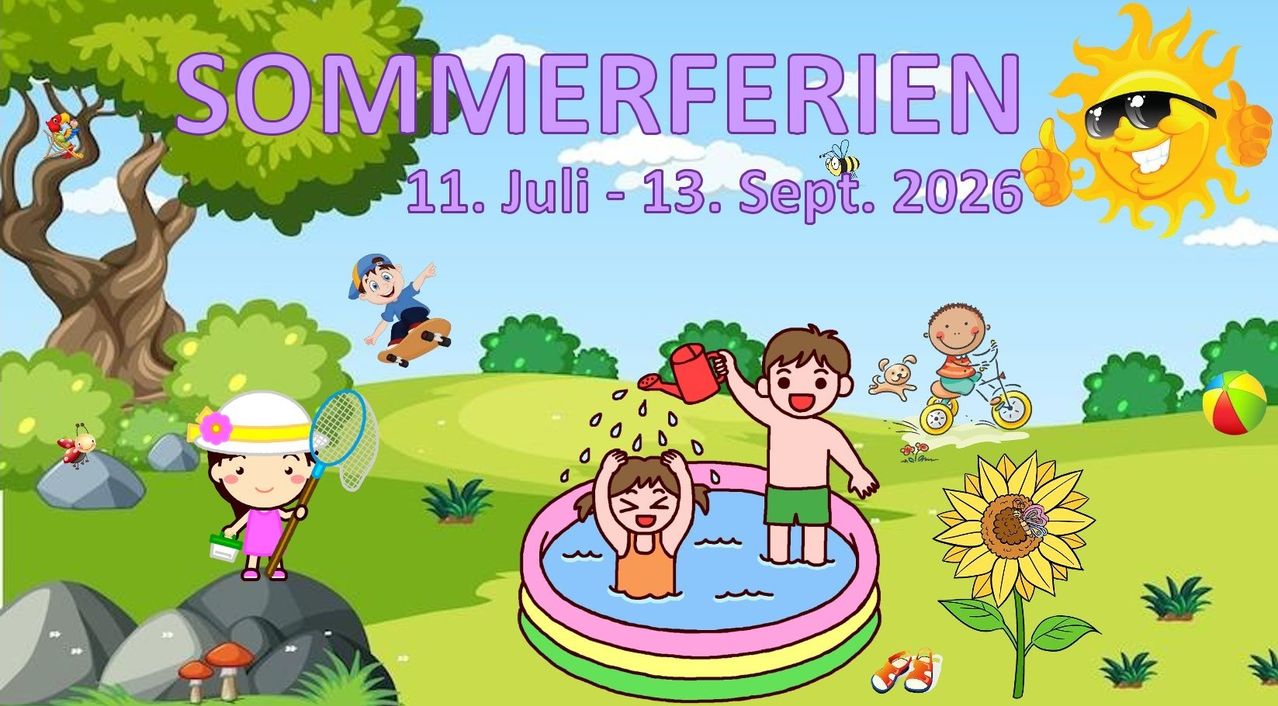 Illustration von Kindern, die in einem Pool spielen, wobei ein Junge eine Gießkanne hält und ein anderes Mädchen im Pool ist. Das Bild zeigt auch einen Jungen, der Skateboard fährt, und eine Biene am Himmel. Der Text lautet 'Sommerferien 11. Juli - 13. Sept. 2022'.