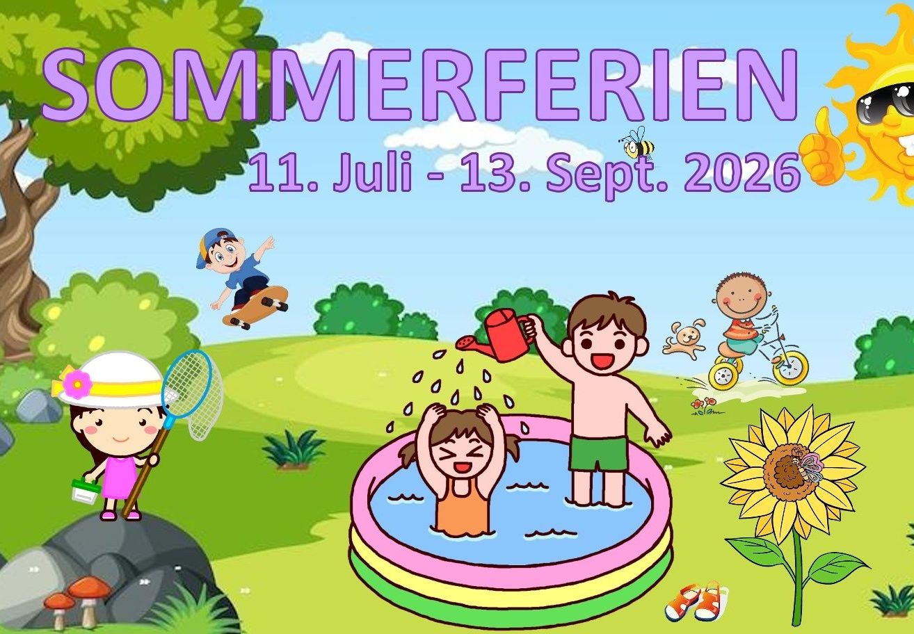 Illustration von Kindern, die in einem Pool spielen, wobei ein Junge eine Gießkanne hält und ein anderes Mädchen im Pool ist. Das Bild zeigt auch einen Jungen, der Skateboard fährt, und eine Biene am Himmel. Der Text lautet 'Sommerferien 11. Juli - 13. Sept. 2022'.