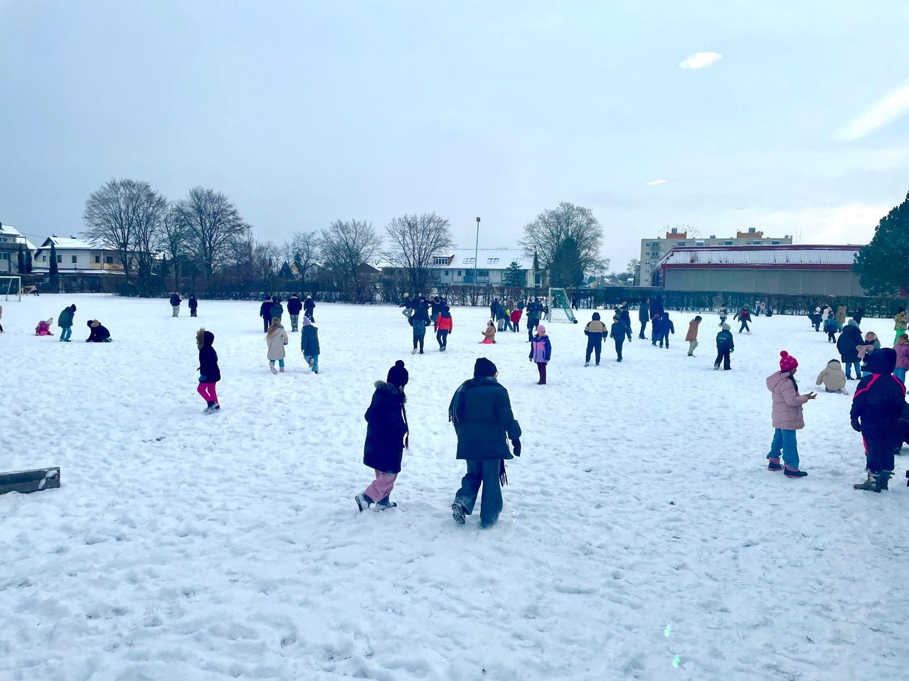 Eine Gruppe von Kindern und Erwachsenen spielt und geht auf einem verschneiten Tag in einem Park.