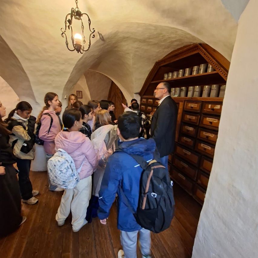 Eine Gruppe von Schülern schaut sich einen Holzschrank mit vielen Schubladen an, ein Mann spricht mit ihnen in einem Raum mit Holzböden und gewölbten Decken.