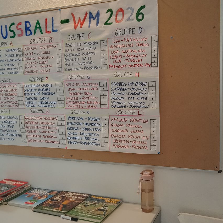 Ein Bulletin-Brett zeigt eine Liste von Teams, die für die Fußball-Weltmeisterschaft 2026 in Gruppen aufgeteilt sind. Die Teams kommen aus verschiedenen Ländern und sind in die Gruppen A bis L organisiert.
