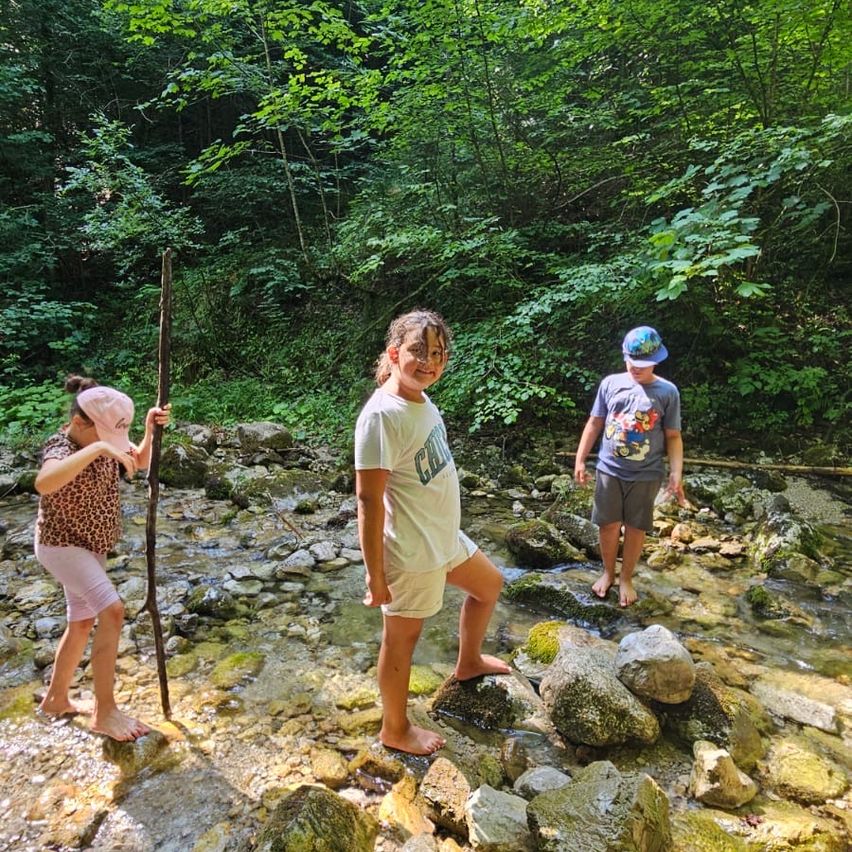 Drei Kinder stehen auf Felsen an einem Bach, eines mit einem Stock und andere mit Mützen. Der Wald ist üppig mit grünem Laub.