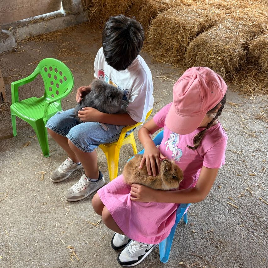Zwei Kinder sitzen auf Stühlen in einer Scheune mit Heuballen dahinter. Ein Junge hält ein graues Kaninchen und ein Mädchen ein braunes.