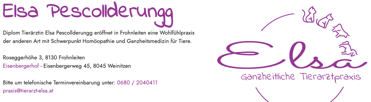 Scolderrung eröffnete in Frohnleiten eine Wohlfühlpraxis, die Homöopathie und Ganzheitsmedizin für Tiere anbietet. Adresse: Reg 45, 8045 Weinitzen. Kontakt: 0680/2040411.