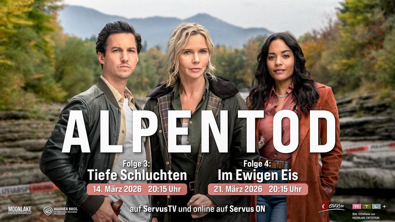 Drei Menschen stehen vor einer Berglandschaft. Zwei Frauen und ein Mann. Folge 3: Tiefe Schluchten. Folge 4: Im Ewigen Eis. Termine und Uhrzeiten der Sendung auf Servus TV.