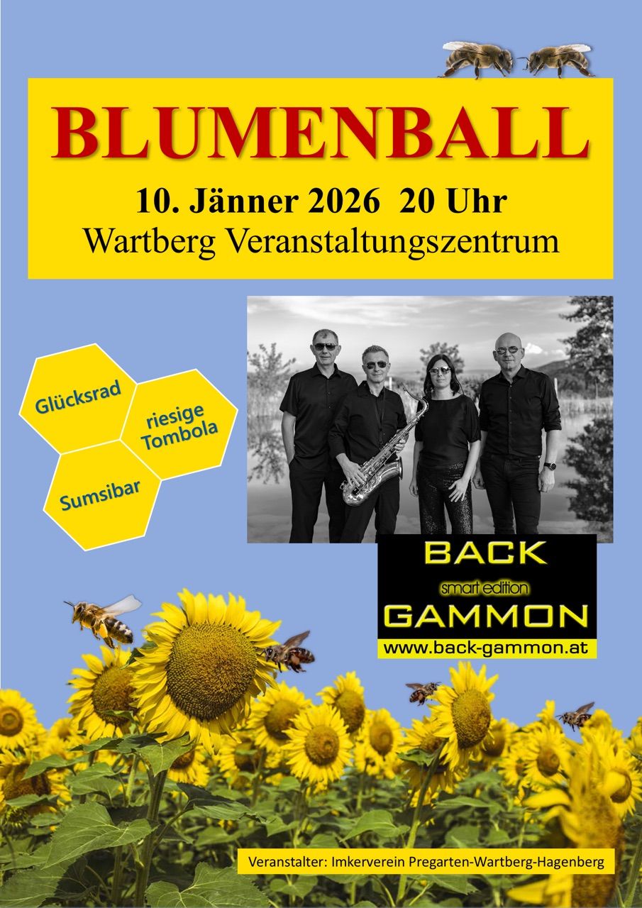 Ein Plakat für die Blumenball-Veranstaltung am 10. Januar 2026 um 20:00 Uhr im Wartberg Veranstaltungszentrum. Es zeigt vier Personen in formeller Kleidung mit einem Saxophon, umgeben von Sonnenblumen und Bienen. Das Bild hat ein blaues und gelbes Farbschema.