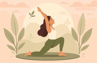 Eine Illustration einer Frau, die Yoga in einer ruhigen Außenumgebung mit Pflanzen und einer Sonne im Hintergrund praktiziert.