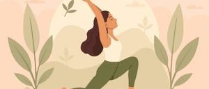 Eine Illustration einer Frau, die Yoga in einer ruhigen Außenumgebung mit Pflanzen und einer Sonne im Hintergrund praktiziert.