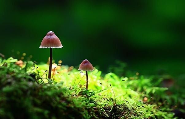 Zwei kleine Pilze wachsen in einer grünen moosigen Umgebung. Die Pilze sind hellbraun und haben eine mützeartige Struktur. Das Moos ist üppig und grün.