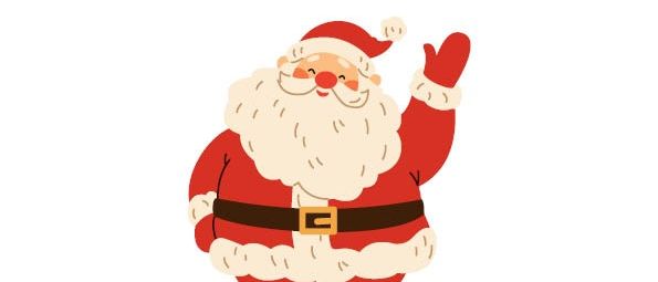 Der Weihnachtsmann winkt und trägt einen roten Anzug mit einem weißen Bart und einem roten Hut mit einem weißen Band.