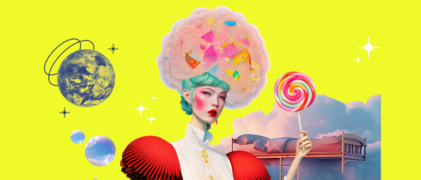 Eine Frau mit einem Süßigkeitenwolken-Kopf trägt ein rotes Kleid und hält einen Lolli. Sie schwebt über Wolken mit einer Leiter und einem Bett im Hintergrund. Hashtags befinden sich unten.